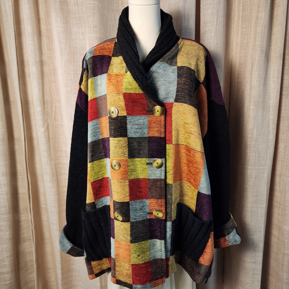 Vintage 90s Susan Bristol XL Patchwork Art to Wear Jacket Cotton Wool USA